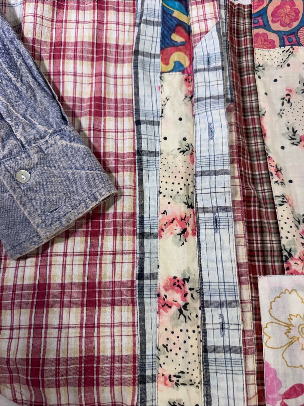 Sundance Medium Patchwork Plaid Floral Chambray Denim Button Down Boho Shirt - Picture 7 of 13